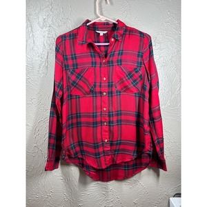 Lucky Brand Plaid Flannel Bungalow Red Split Button Back Tail Shirt Womens Sz XS